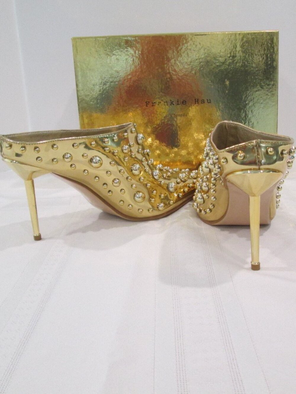 Frankie Hsu Gold Studded Stiletto Pumps | Size 10 | NIB | Metallic - Picture 7 of 14